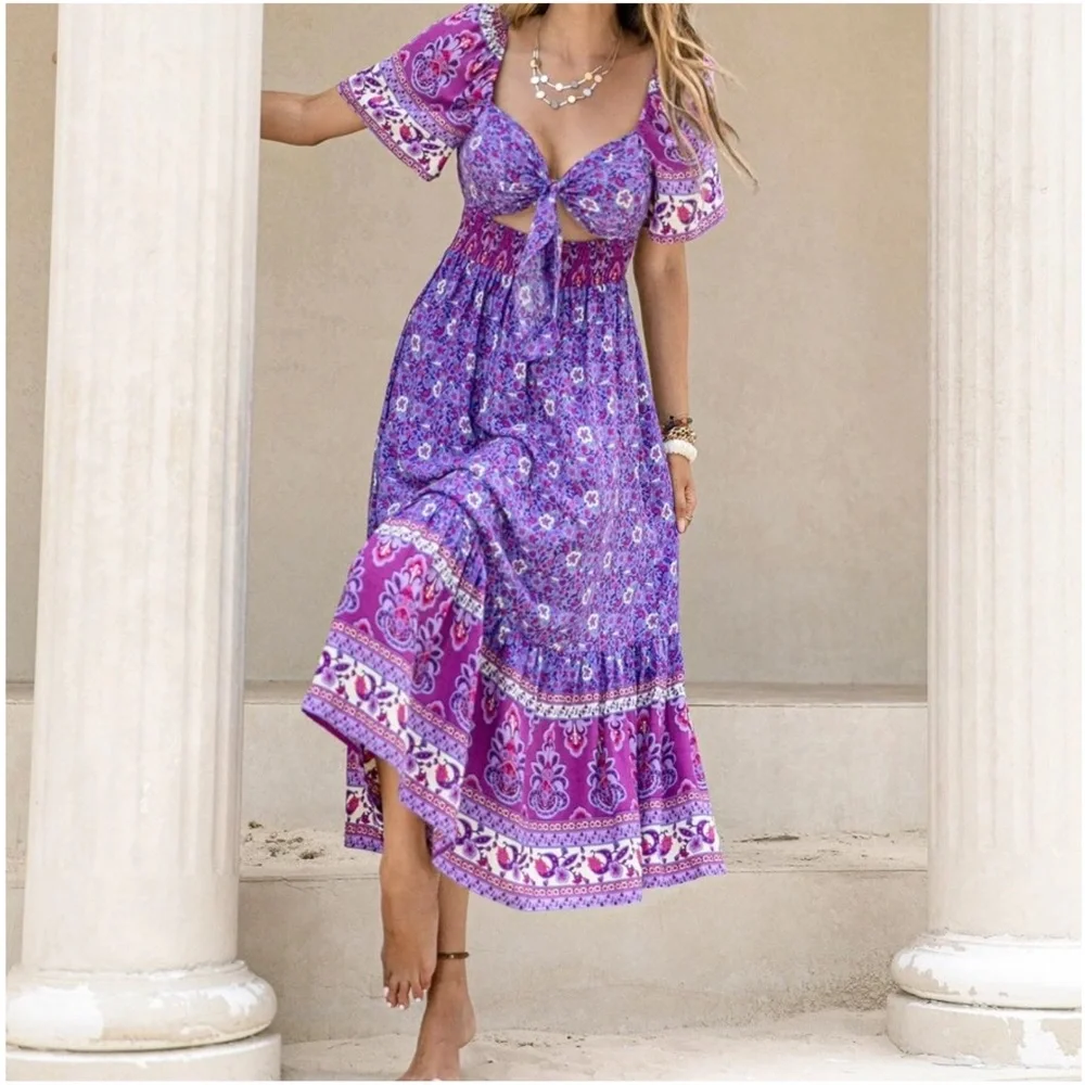 Boho Purple Floral Print Cutout Maxi Dress - Picture 3 of 6